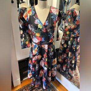 NWT Oxiuly Fashion Faux Wrap A-Line Black Floral Dress, Cap Sleeves, Size XL
